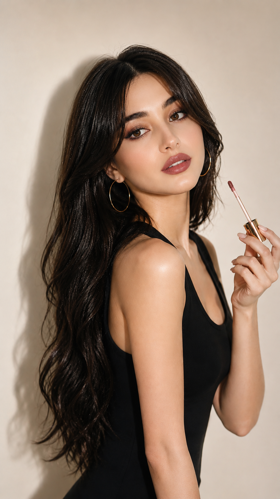 The Ultimate Guide to Long Dark Hair, Gold Hoops & The Perfect Glossy Lip