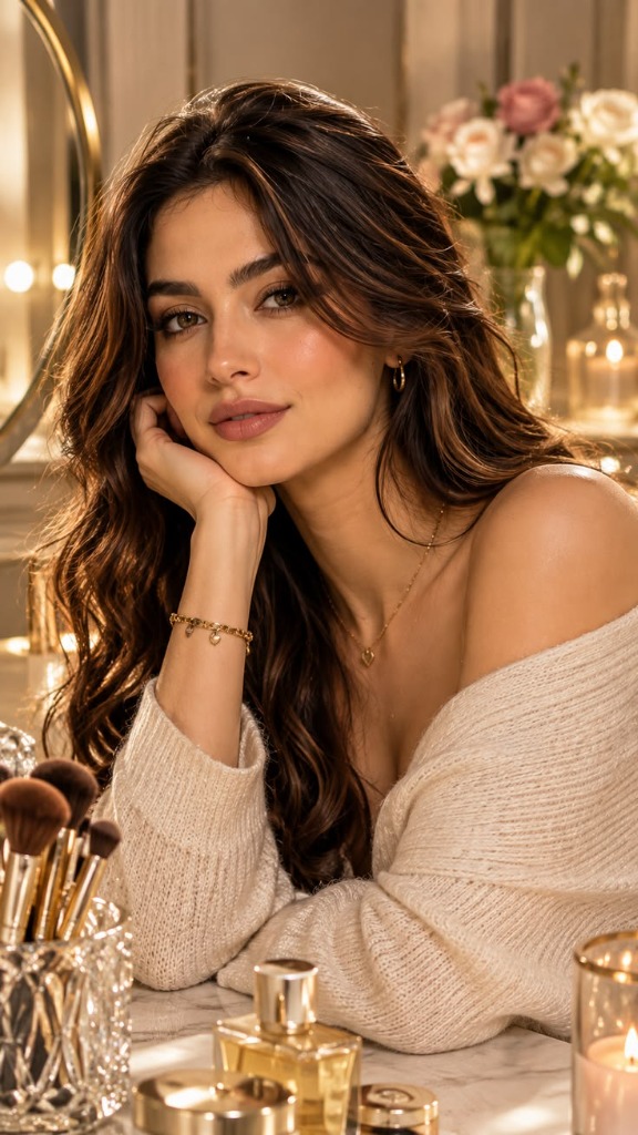 Golden Hour Vanity Glam: Cozy Off-Shoulder Knitwear & Radiant Soft Glam Routine