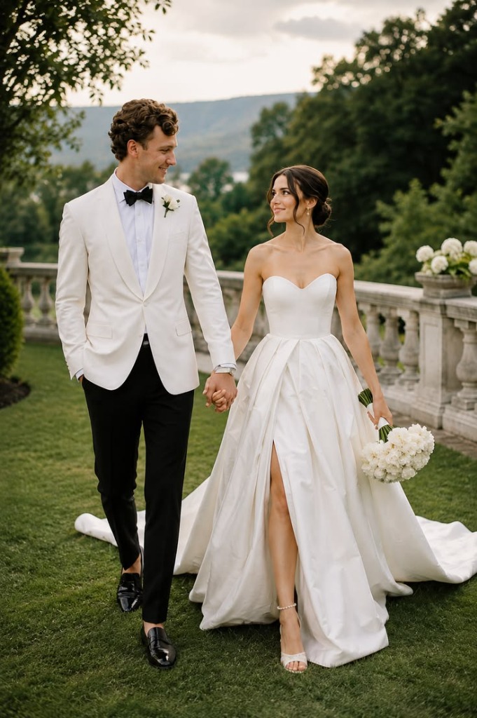 Outdoor Black-Tie Wedding: White Tuxedo Jacket, High-Slit Ballgown & Estate Garden Styling