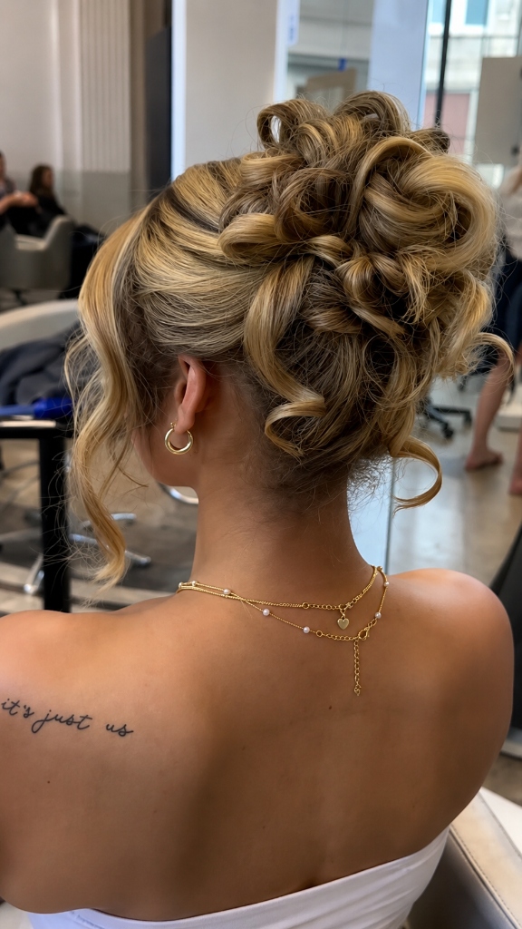 Modern Salon Bridal Curly Updo: Open-Back Styling, Tendrils & Delicate Back Necklace Guide